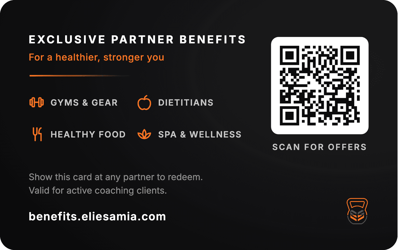 Back of the card, with a QR code linking to benefits.eliesamia.com